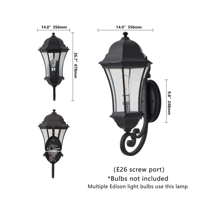 Auto-Sensing Outdoor Wall Lantern–Single Black Weatherproof Sconce with Bubble Glass (Dusk-to-Dawn Sensor, Bulb Not Included)‌