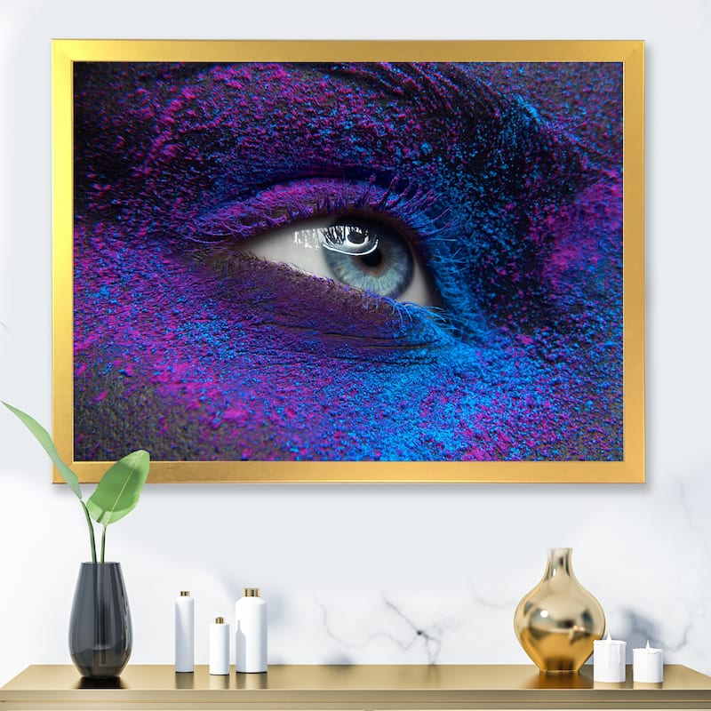 Designart "Female Eye With Dry Paint Dust Pigment on Face" Modern Framed Art Print - 40 In. Wide x 30 In. High - Gold
