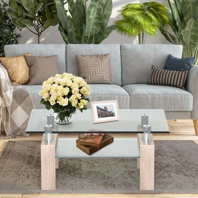 Rectangle Glass Coffee Table with Metal Legs for Living Room - 39" x 23.5" x 17.5"