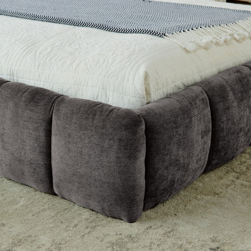 Chenille Fabric Grounded King Size Platform Bed with Headboard and Solid Frame