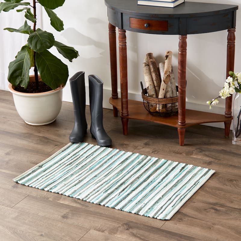 Stonewash Blue Slim Stripe Cotton Chindi Rug 2Ft 3Inx6Ft
