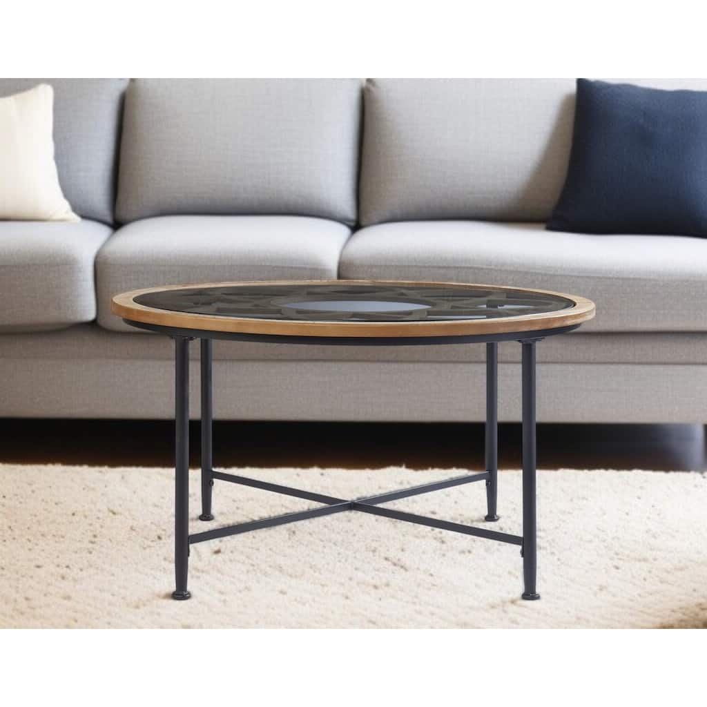 HomeRoots 33" Floral Design Glass Top Round Coffee Table - 18" H x 32.5" W x 32.5" D