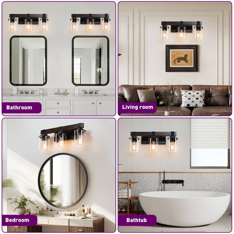 Vanity Light, Industrial Bathroom Wall Sconce with Glass Shades and Wood Accent, Modern Farmhouse Lighting Fixture (No Bulbs)