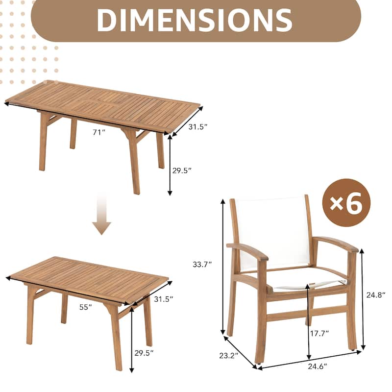 Outdoor 6-Person Acacia Wood Chair Set with Extendable Wooden Table