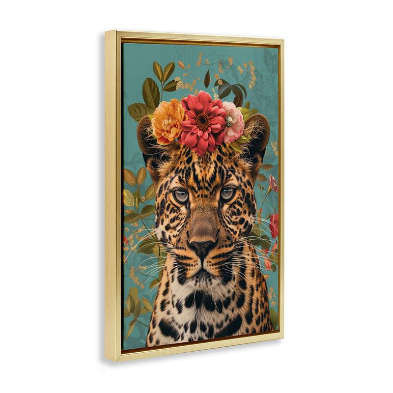 Stupell Floral Crown Wild Cheetah Framed Floater Canvas Wall Art Design By LSR Design Studio