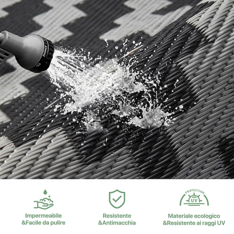 Reversible Charcoal Geometric Flat-Weave Recyclable Outdoor Rug