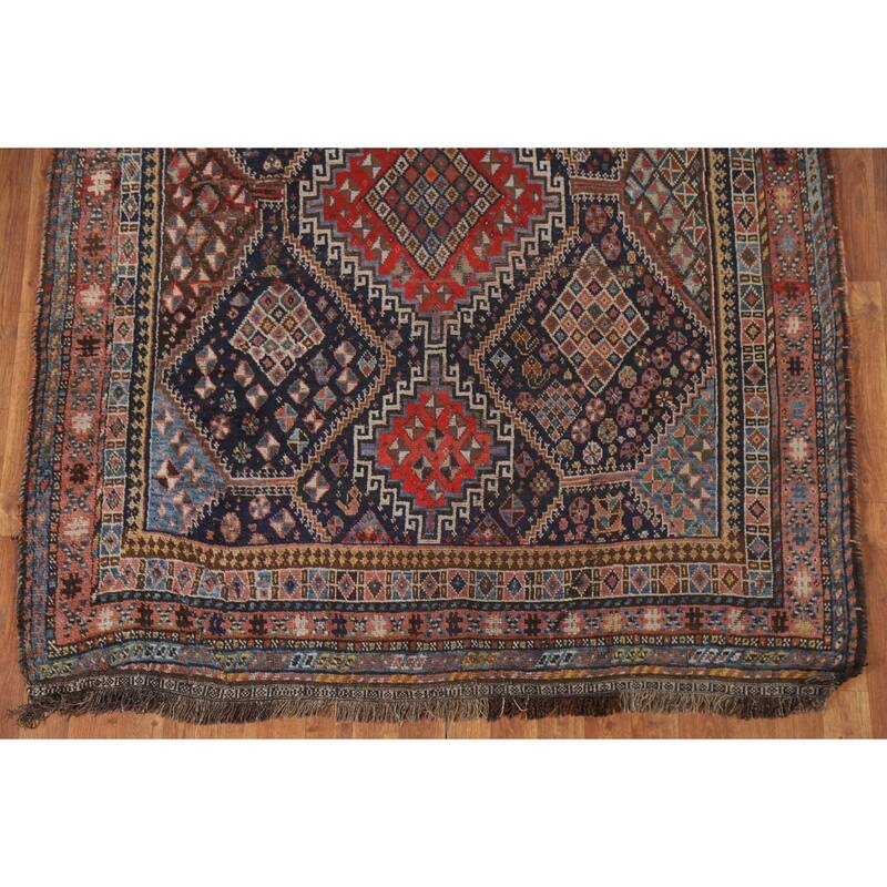 Pre-1900 Antique Blue Qashqai Persian Area Rug Handmade Wool Carpet - 5'1"x 7'8"