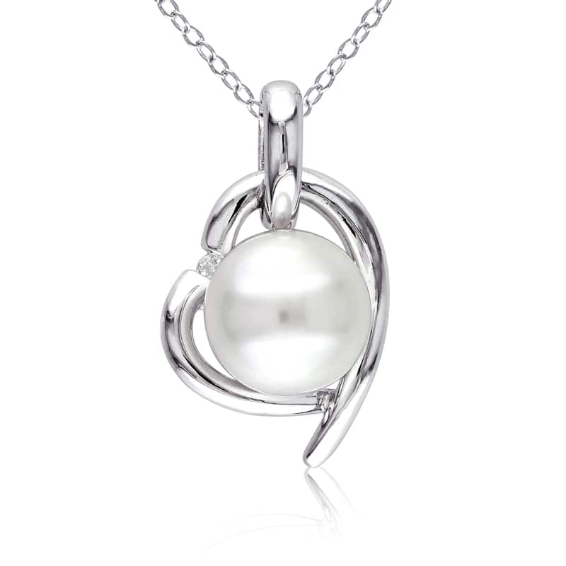 Miadora 8.5-9mm White Cultured Freshwater Pearl and Diamond Heart Sterling Silver