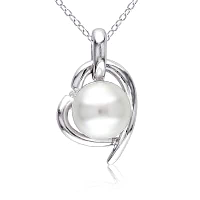 Miadora 8.5-9mm White Cultured Freshwater Pearl and Diamond Heart Sterling Silver