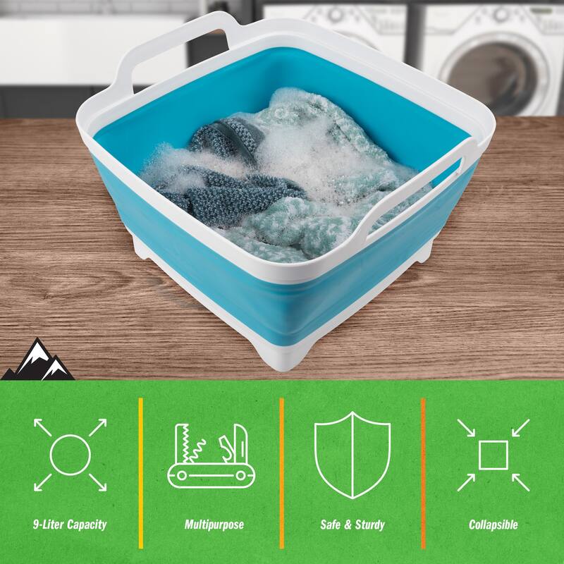 Collapsible Wash Basin - 9L Portable Sink with Drain - Plastic Tub Dish Pan for Camping, Handwashing Laundry by Wakeman Outdoors