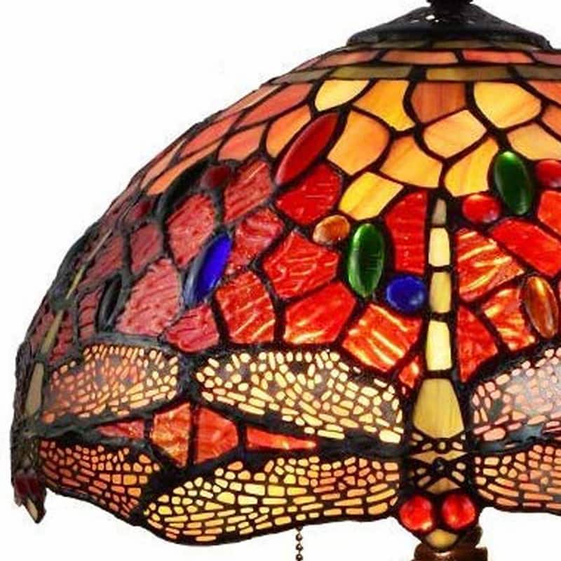 Dark Brown Metal Table Lamp with Multi Stained Glass Shade Dual Pull Chain - 11” x 19” x 22” (D x W x H)
