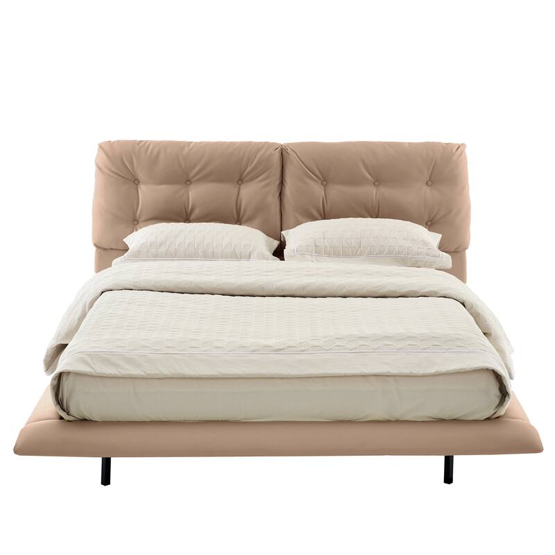 Queen Size LED Upholstered Platform Bed with Button-Tufted Headboard, Easy Assembly, No Box Spring Needed, Khaki