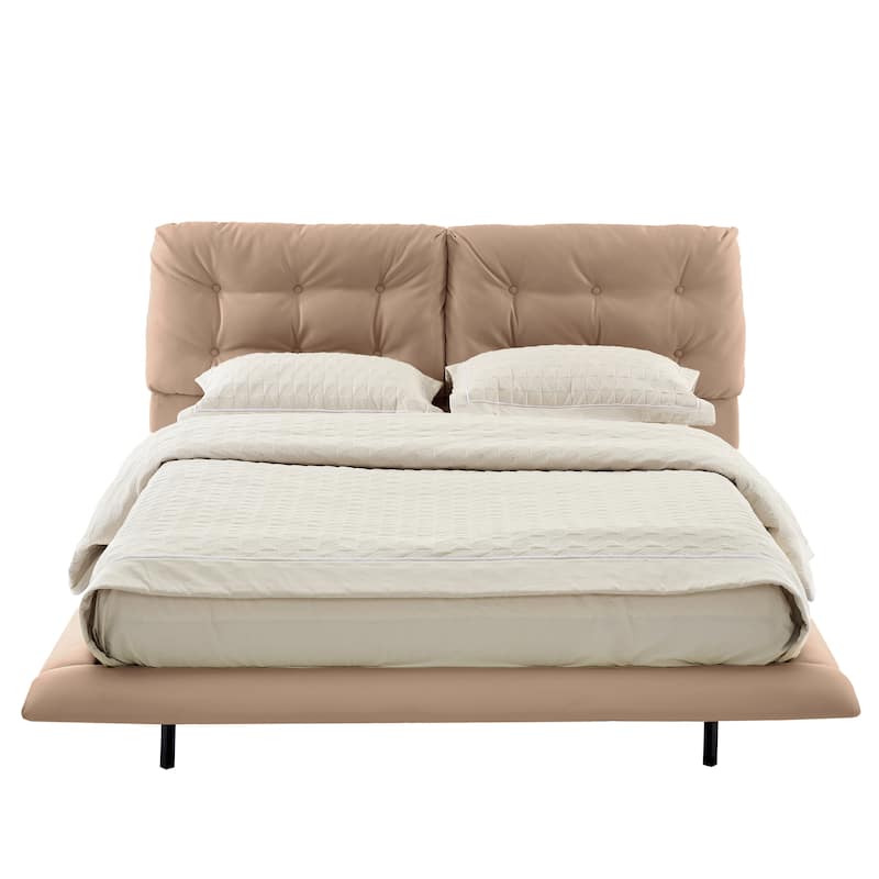 Queen Size Upholstered Floating Bed Frame with LED Lights, PU Leather Platform Bed with Button-tufted Headboard