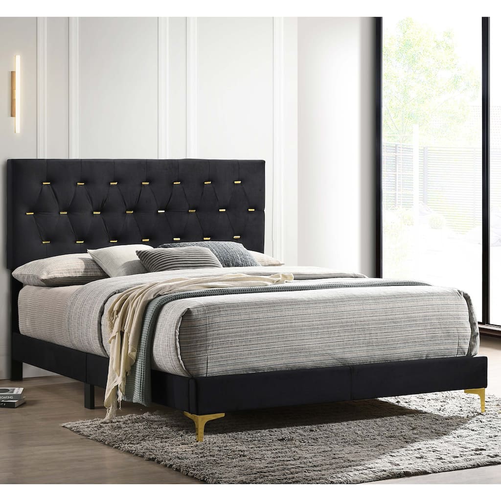Luxury Black Velvet Upholstered Queen Bed with Gold Accents