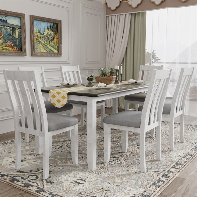 7-Piece Dining Table Set w/ Extendable Table and 6 Upholstered Chairs