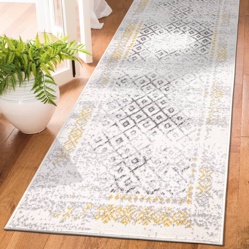 World Rug Gallery Bohemian Geometric Area Rug - 2'x7' Runner - Yellow - Runner/Rectangle