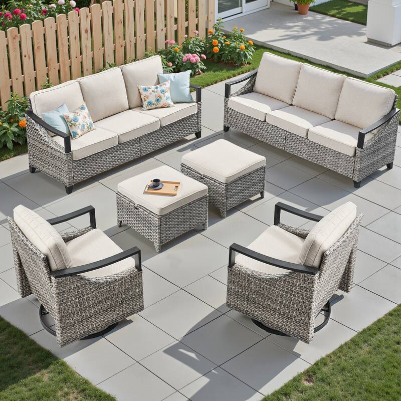 Pocassy 6-Piece Outdoor Patio Sofa Swivel Glider Chairs with Ottoman - Gray Wicker Beige Cushion - 6-Piece Sofa Swivel Chair with Ottoman