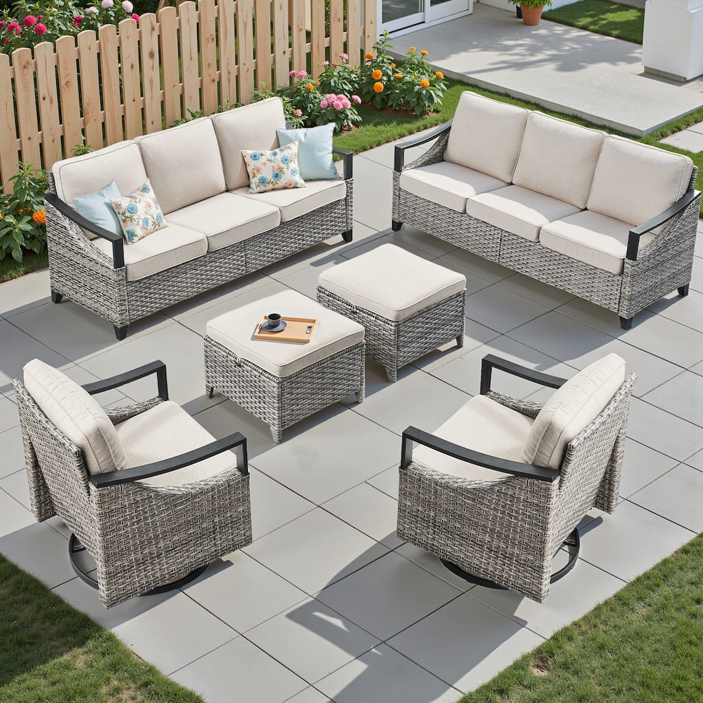 Pocassy 6-Piece Outdoor Patio Sofa Swivel Glider Chairs with Ottoman