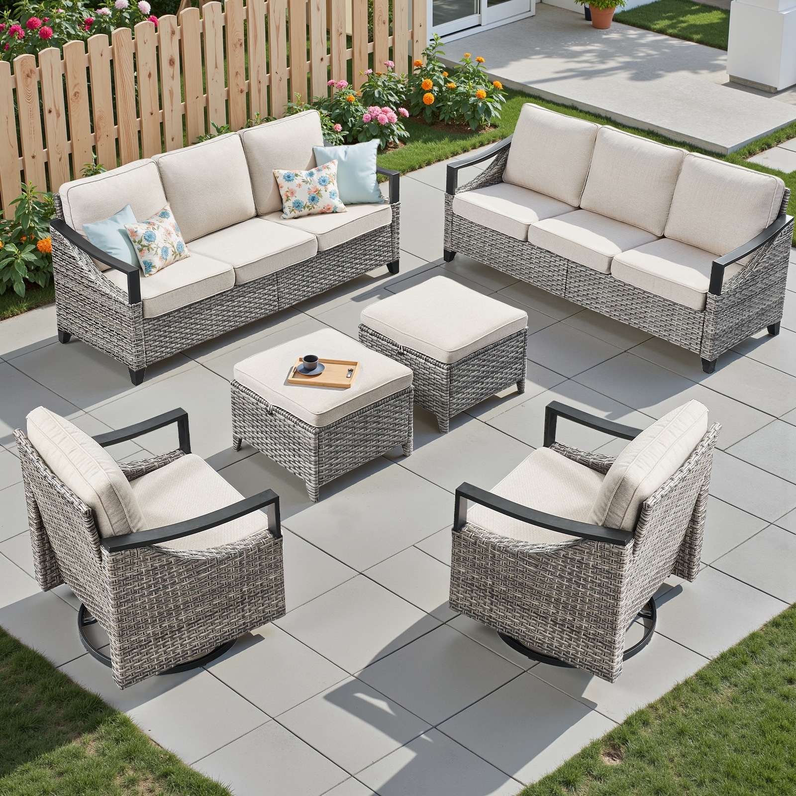 Pocassy 6-Piece Outdoor Patio Sofa Swivel Glider Chairs with Ottoman