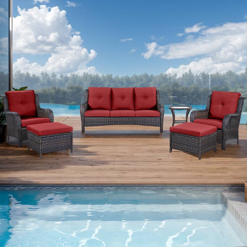 Gymojoy Outdoor Sofa Chair Ottoman Seating with Cushions Weather-resistance - Brown - Red