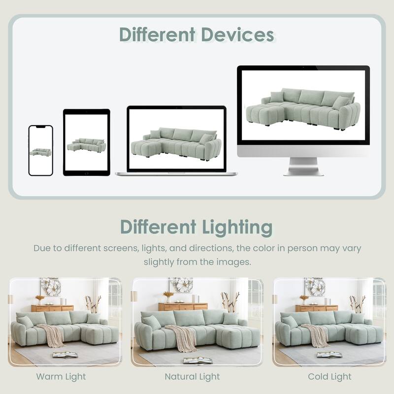 110" Modular L-Sectional - Boucle Fabric, Pull-Line Design, Movable Ottoman, 3 Color Options