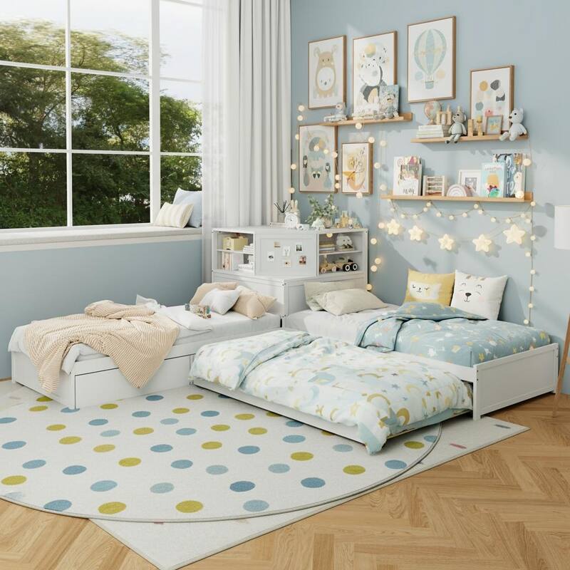 3-in-1 L-Shaped Twin Platform Bed with Trundle, LED-Lit Storage Hub & Built-In Corner Desk by Harper&Bright Designs - White