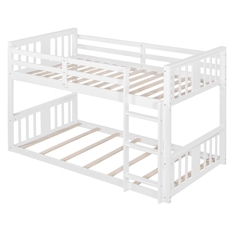 Twin Over Twin Floor Bunk Bed with Ladder, Solid Wood Bunk Bed Frame with Full-Length Guardrail, Detachable into 2 Separate Beds