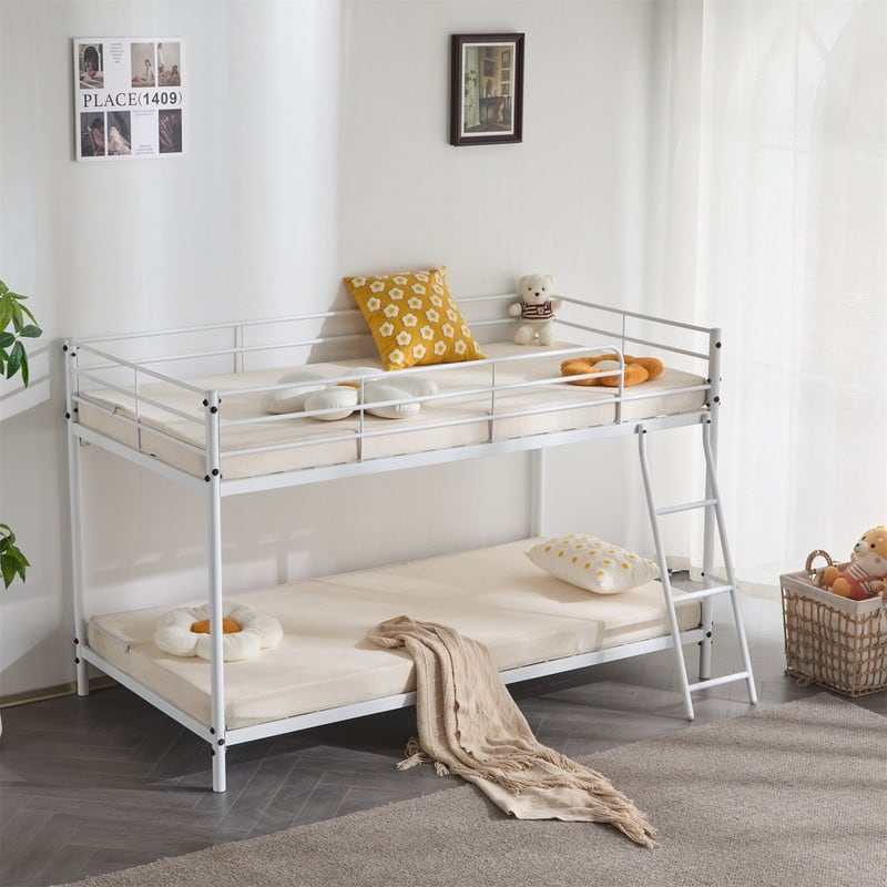 Twin Round Pipe Bunk Low Bed Guardrail Angled Ladder Iron Bed USA - White
