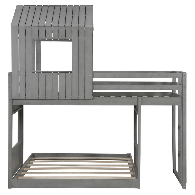 Twin Over Full Bunk Bed with Playhouse, Farmhouse Design, Ladder and Guardrails, Antique Gray