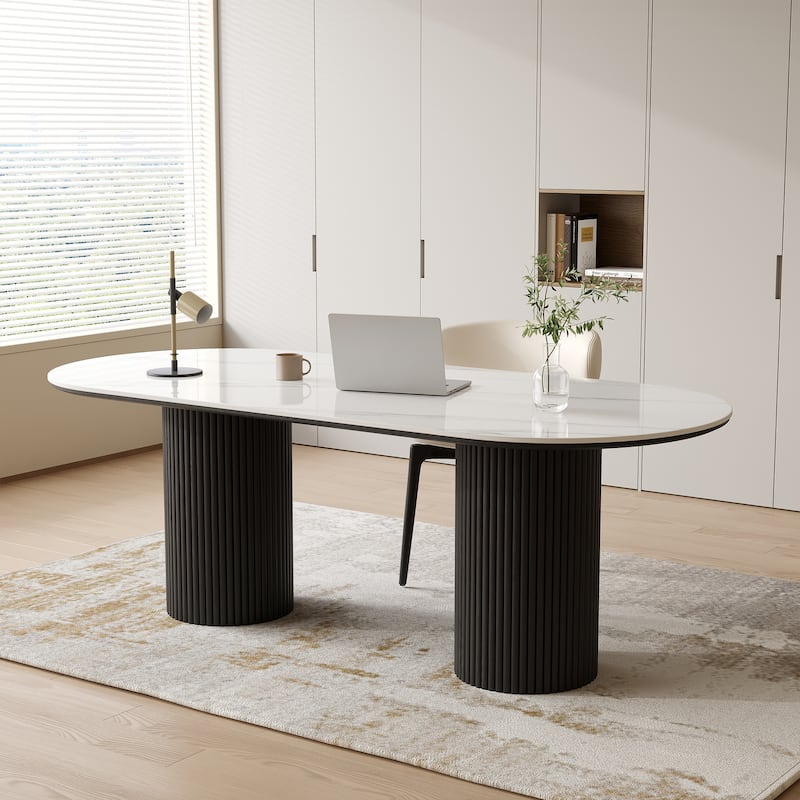 71" Modern Oval Writing Desk,Glossy White Office Table,with Double Solid Wood Legs, 3 Colors Optional