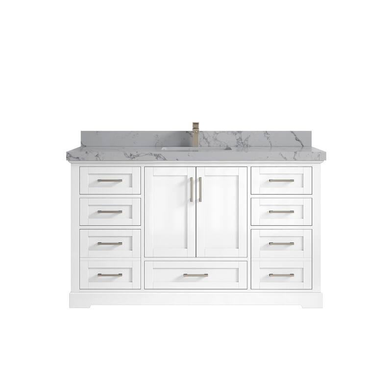 Willow Collection 60 in W x 22 in D x 36 in H Boston Single Bowl Sink Bathroom Vanity with Countertop - 2"Venatino Quartz - White