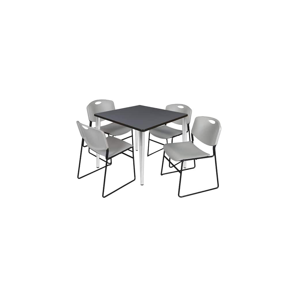 36 in. Square Breakroom Table- Grey Top, Chrome Base & 4 Stack Chairs- Grey - Grey, Black, Beige
