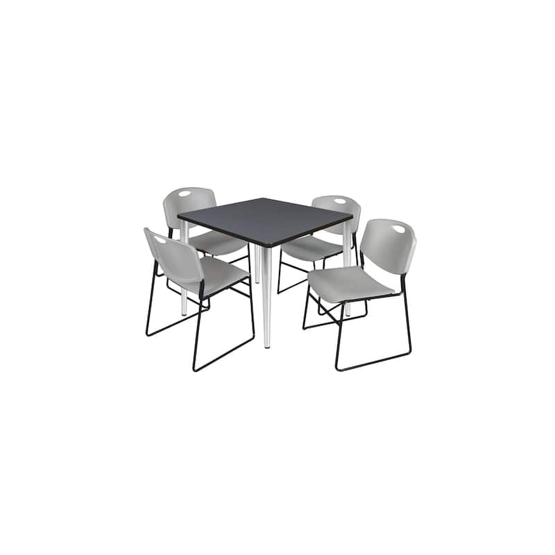 42 in. Square Breakroom Table- Grey Top, Chrome Base & 4 Stack Chairs- Grey - Grey, Black, Beige