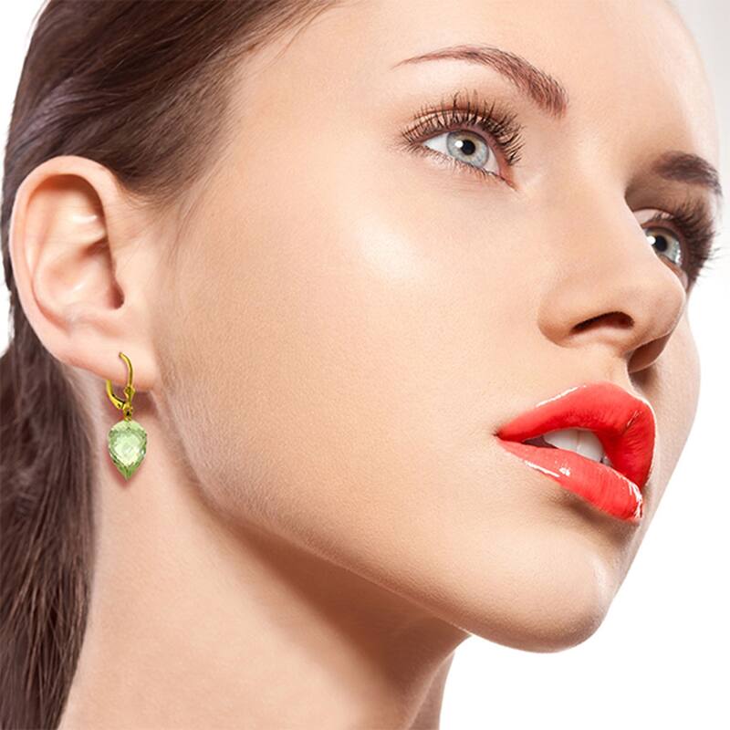 19 Carat 14K Solid Gold Drop Briolette Green Amethyst Earrings