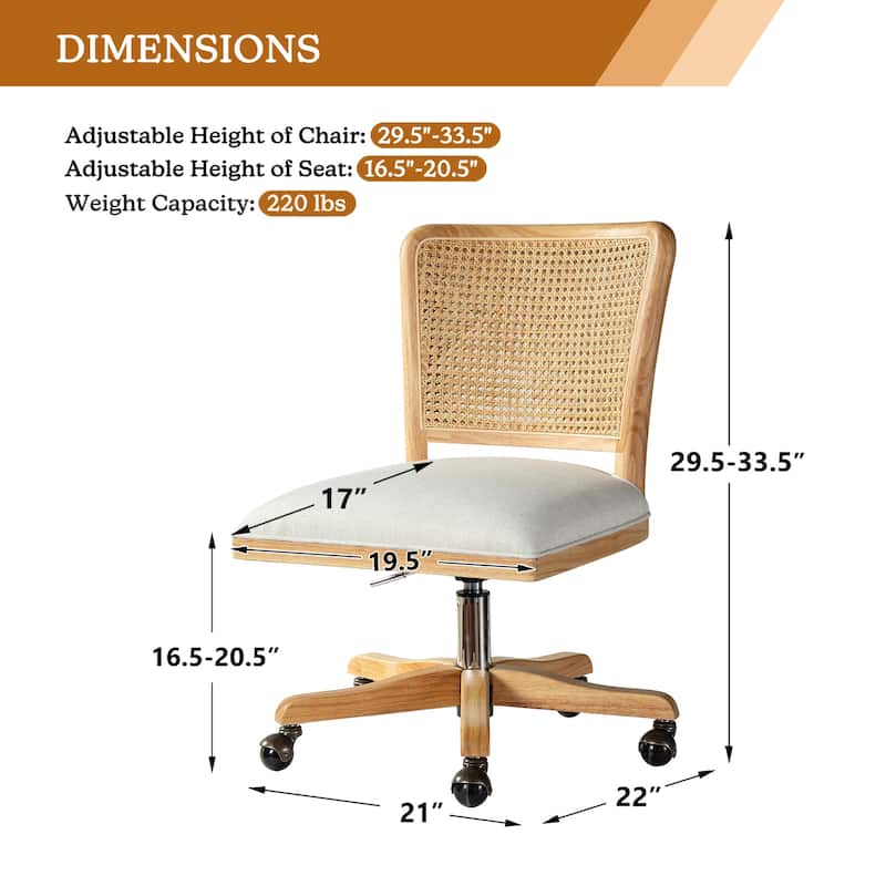 Calcutta Modern Rattan Back Task Chair Office chair with Solid Wood Legs by HULALA HOME