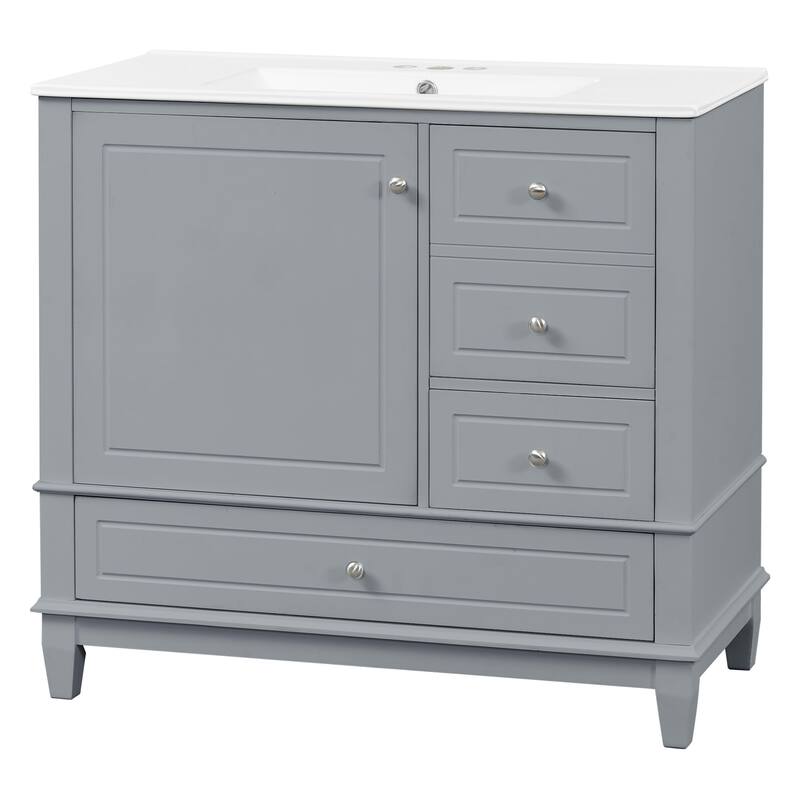 36 inch Bathroom Vanity Ceramic Sink MDF Solid Wood Base 3 Drawers Cabinet Gray 4 Inch Faucet Holes