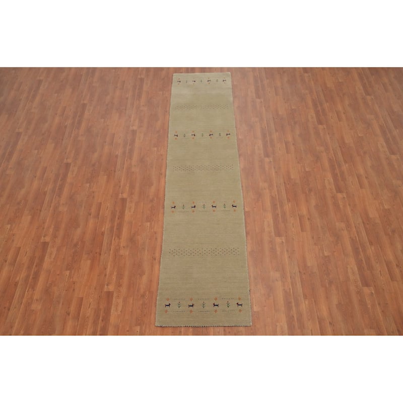 Hand Knotted Oriental 100% Wool Carpet Tribal Animal Pictorial Beige & Ivories Gabbeh Runner Rug - 11' 0'' X 2' 6''