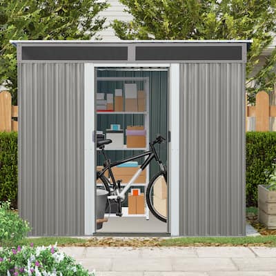 8ft x 6ft Gray Metal Storage Shed - Outdoor Garden Shed with Window, Transparent Panel and Lockable Sliding Door - 8 ft x 6 ft