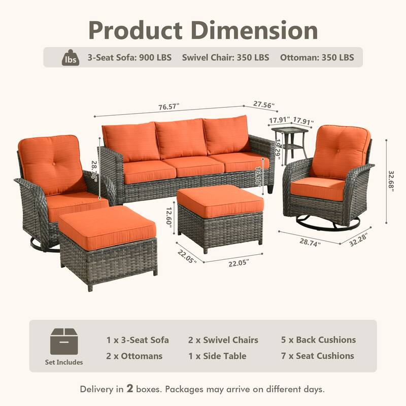 HOOOWOOO 6-piece Grey Wicker Outdoor Swivel Rocking Chair Set for Patio