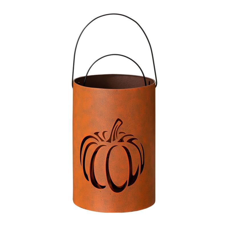 Glitzhome Set of 2 Hollow Out Metal Bucket Lanterns Candle Holder for Fall Halloween Thanksgiving