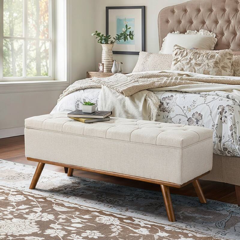 Mid-Century Modern Upholstered Storage Ottoman Button Tufted Fabric Storage Bench with Linen Seat - 17.5 D X 50.4 W X 20.5 H - Flax