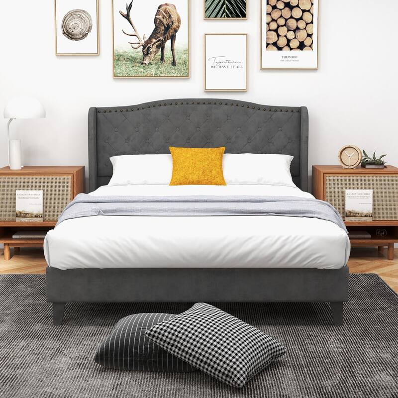 Gymax Full Upholstered Platform Bed Frame w/ Button Tufted Headboard
