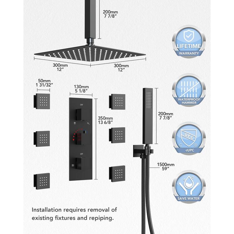 Thermostatic Shower System 12" Rain Shower Head with High Pressure Handheld Spray