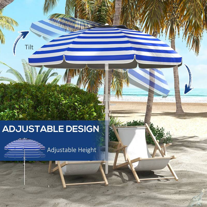 Outsunny 5.7' Portable Beach Umbrella with Tilt, Adjustable Height, 2 Cup Holders, Hook, Ruffled Outdoor Umbrella