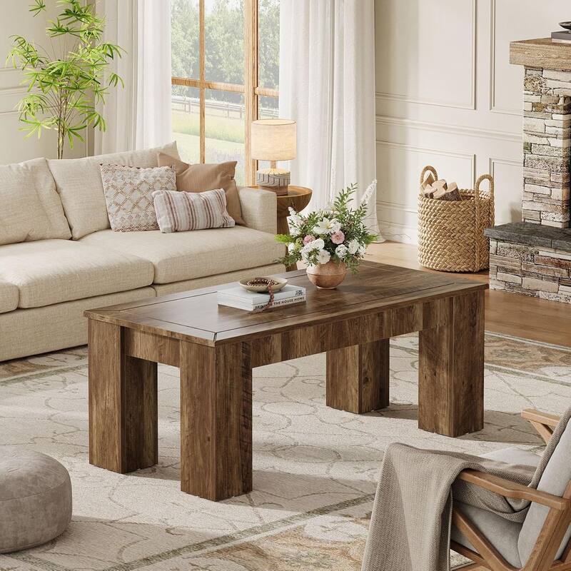 47-Inch Farmhouse Wood Coffee Table for Living Room, Rectangle Center Cocktail Table with Sturdy Legs