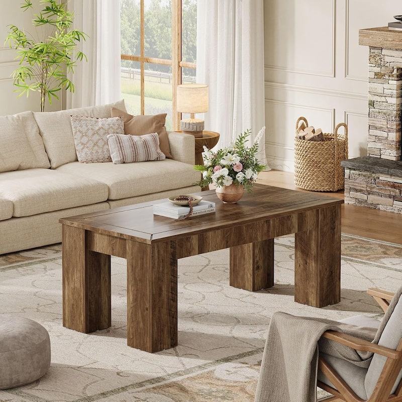 47-Inch Rectangle Engineered Wood Coffee Table with Sturdy Legs, Farmhouse Center Cocktail Table for Living Room