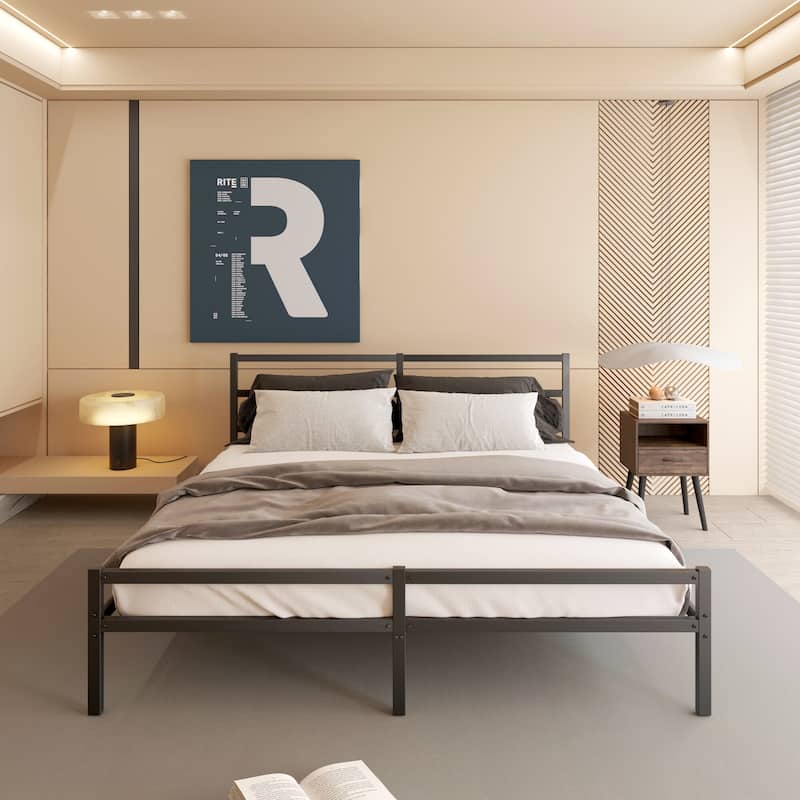 CUSchoice King Size Metal Platform Bed Frame with Headboard,No Box Spring Required