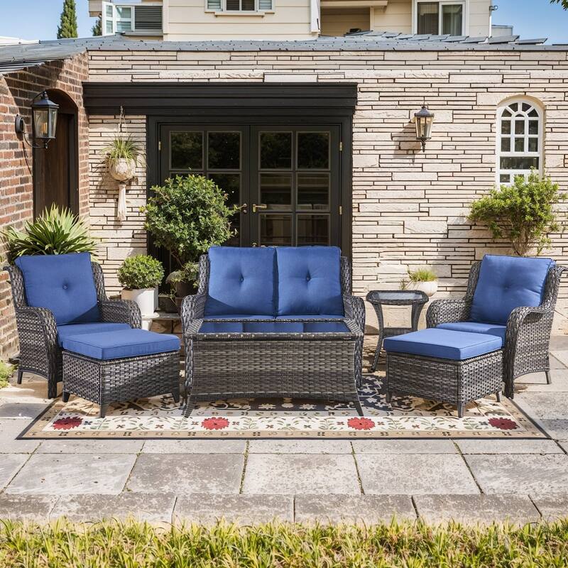 Outdoor Loveseat Sofa with Chair Ottoman Table - 7PCS - Sofa with Chair Table and Ottoman - Grey Rattan - Blue Cushion