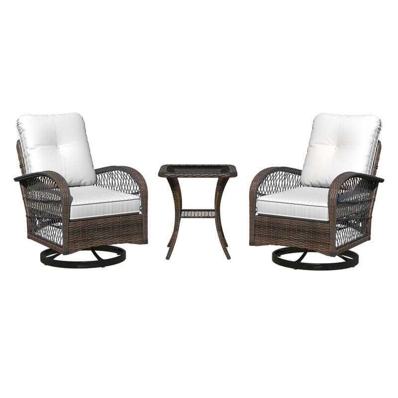 Outdoor Swivel Rocker Bistro Set - 3 Piece Wicker Patio Set with Swivel Rocking Chairs, Cushions, and Tempered Glass Side Table