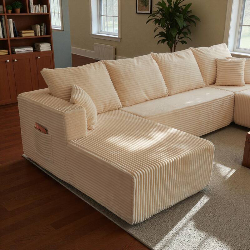 133.86" Cloud Modular U-Shaped Sectional Sofa with Ottoman, Deep-Seat Corded Fabric Couch for Living Room, No Assembly